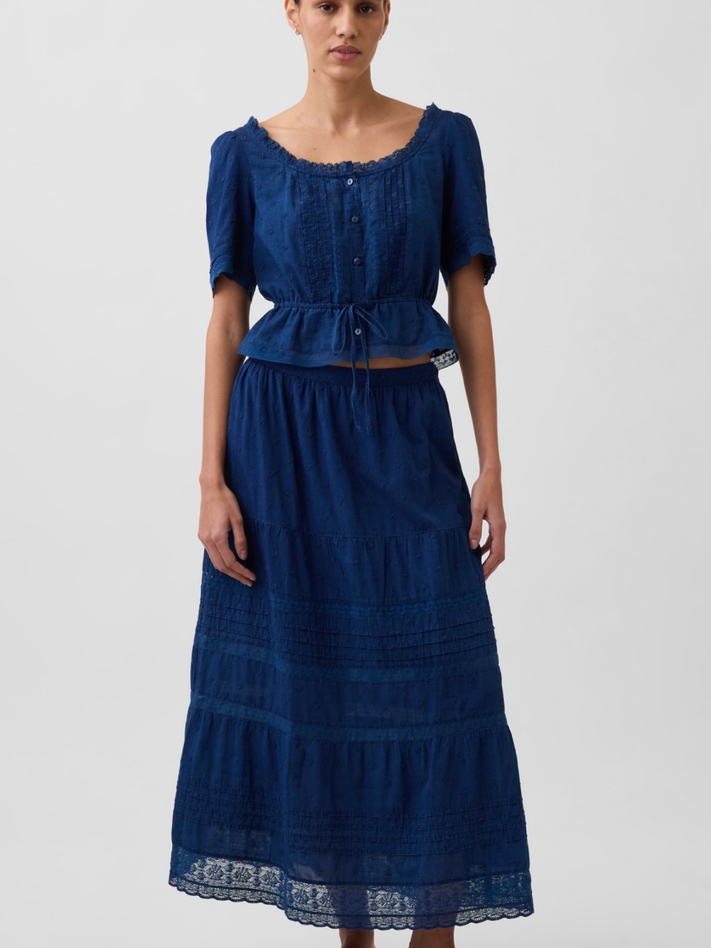 GAP Lace Trim Peplum Top and Maxi Skirt Set in Indigo Blue